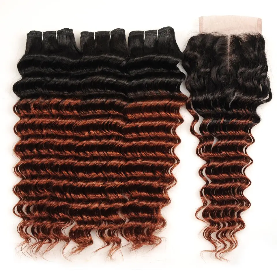 Pinshair Pre-Colored Ombre Brazilian Hair 3 Bundles With Closure T1B33 Non-Remy Deep Wave Human Hair Bundles With Lace Closure (6)