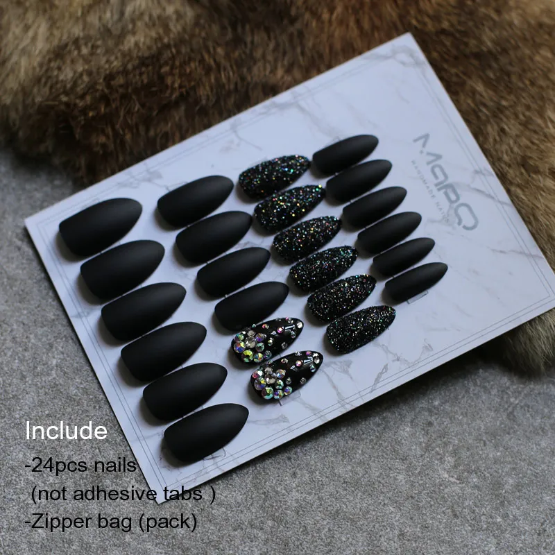 Стилеты матовый бордовый блеск Ложные кристаллы для ногтей полный набор поддельные ногти художественной формы бриллианты расправляются красные накладные ногти - Цвет: Black24pcs nails