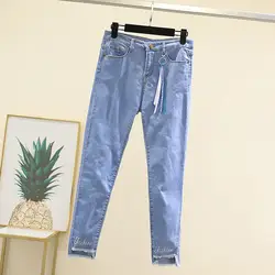 Весна и лето новый корейский вариант письмо вышивка окантовкой нерегулярные женские стрейч узкие джинсы