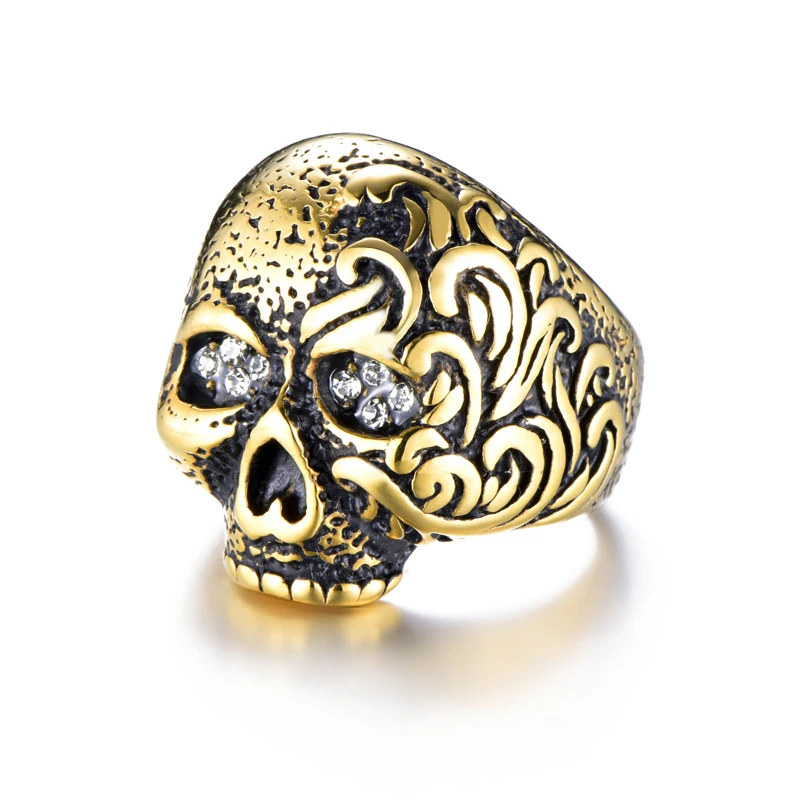 

Cool Punk Gold Skull Pattern Ring Men Rhinestones Eyes Stainless Steel Skull Rings Skeleton Biker Street Rock Ring Men Jewelry