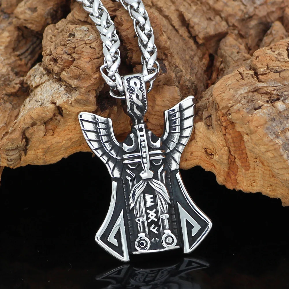 

Stainless steel Nordic viking odin face amulet rune pendant necklace with Valknut gift bag