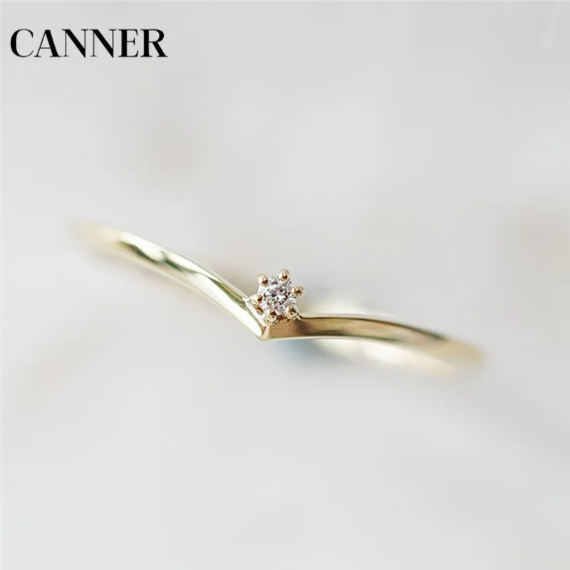 

Canner V Shape Zircon Crystal Ring Minimalist Gold Stainless Steel Heart Rings For Women Charm Jewelry