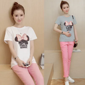

Summer Maternity Two Piece Korean Patch Short Sleeved Shirt + Pink Cotton Pants Nine Women Suit