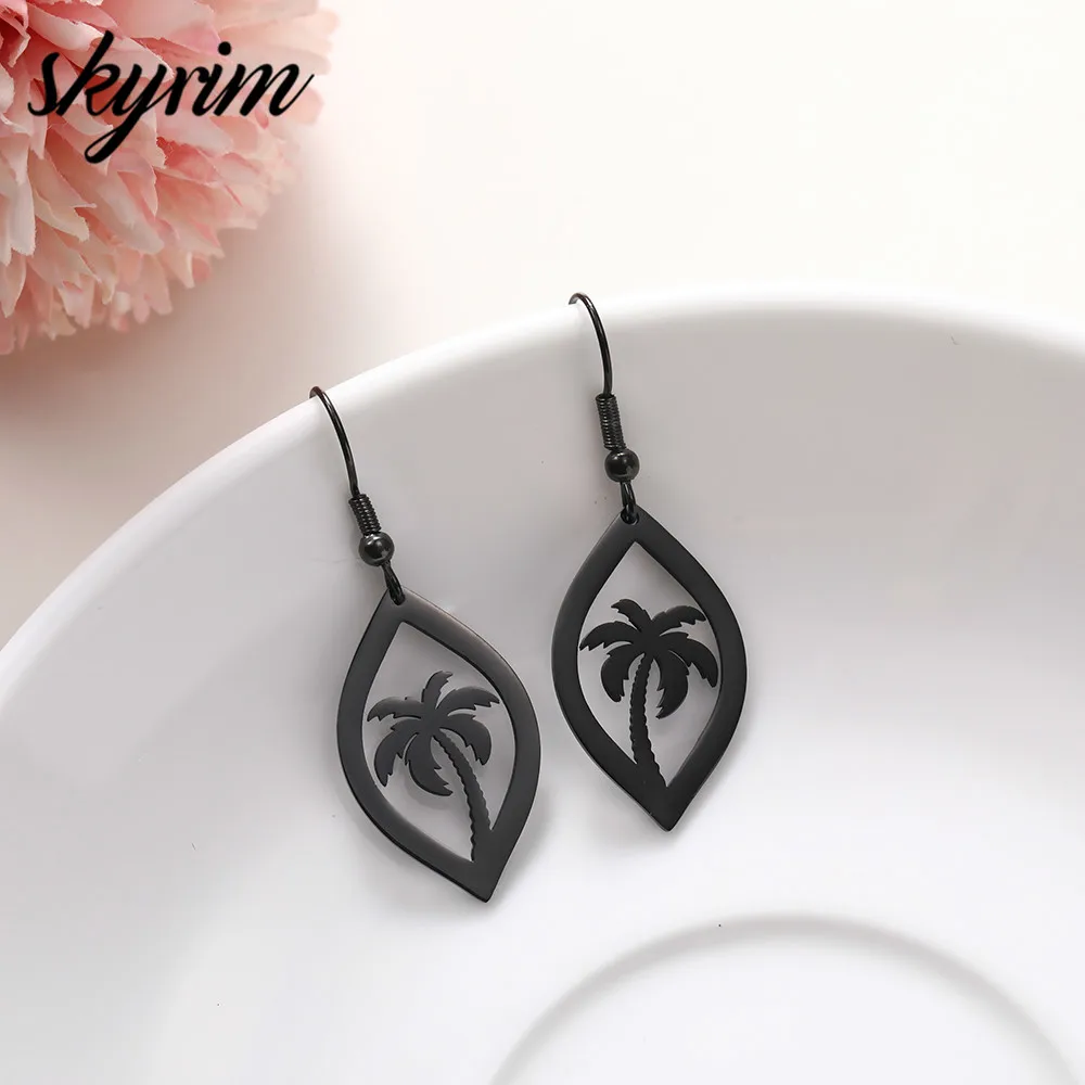 

SKYRIM Korean Gold Sliver Black Vintage Drop Earrings for Women Stainless Steel Coconut Palm Tree Dangle Earrings 2019 Jewelry