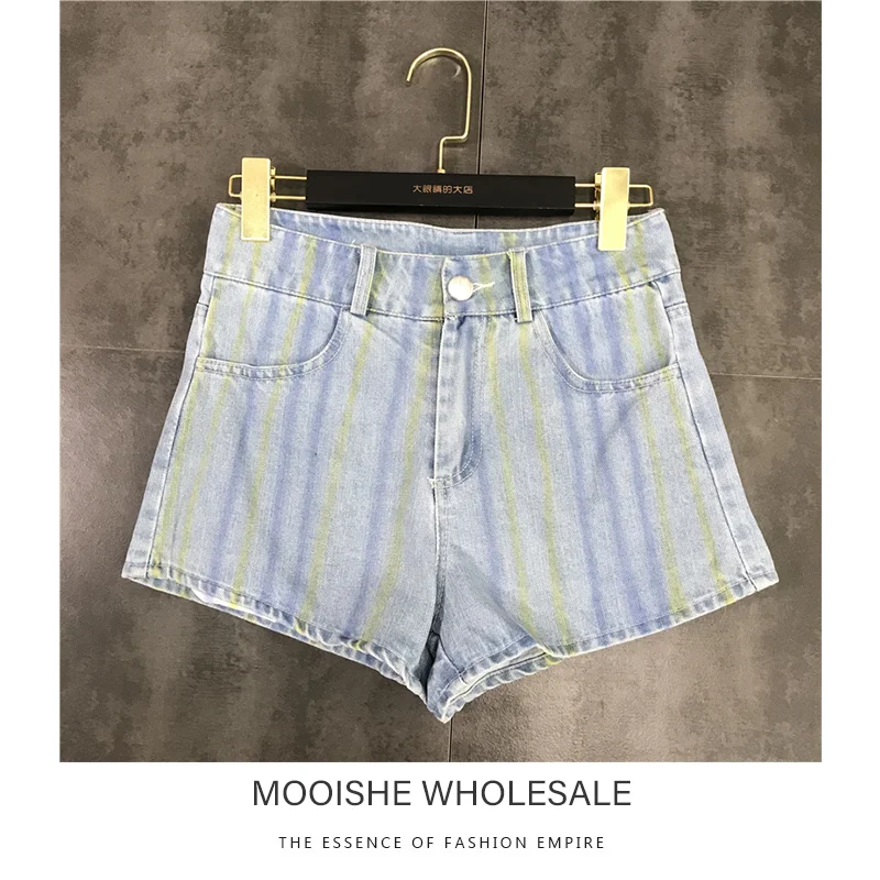 Вертикальные полосы промывают джинсовые шорты для женщин Hotpants дно 2019 Весна Новая мода цвет шорты для