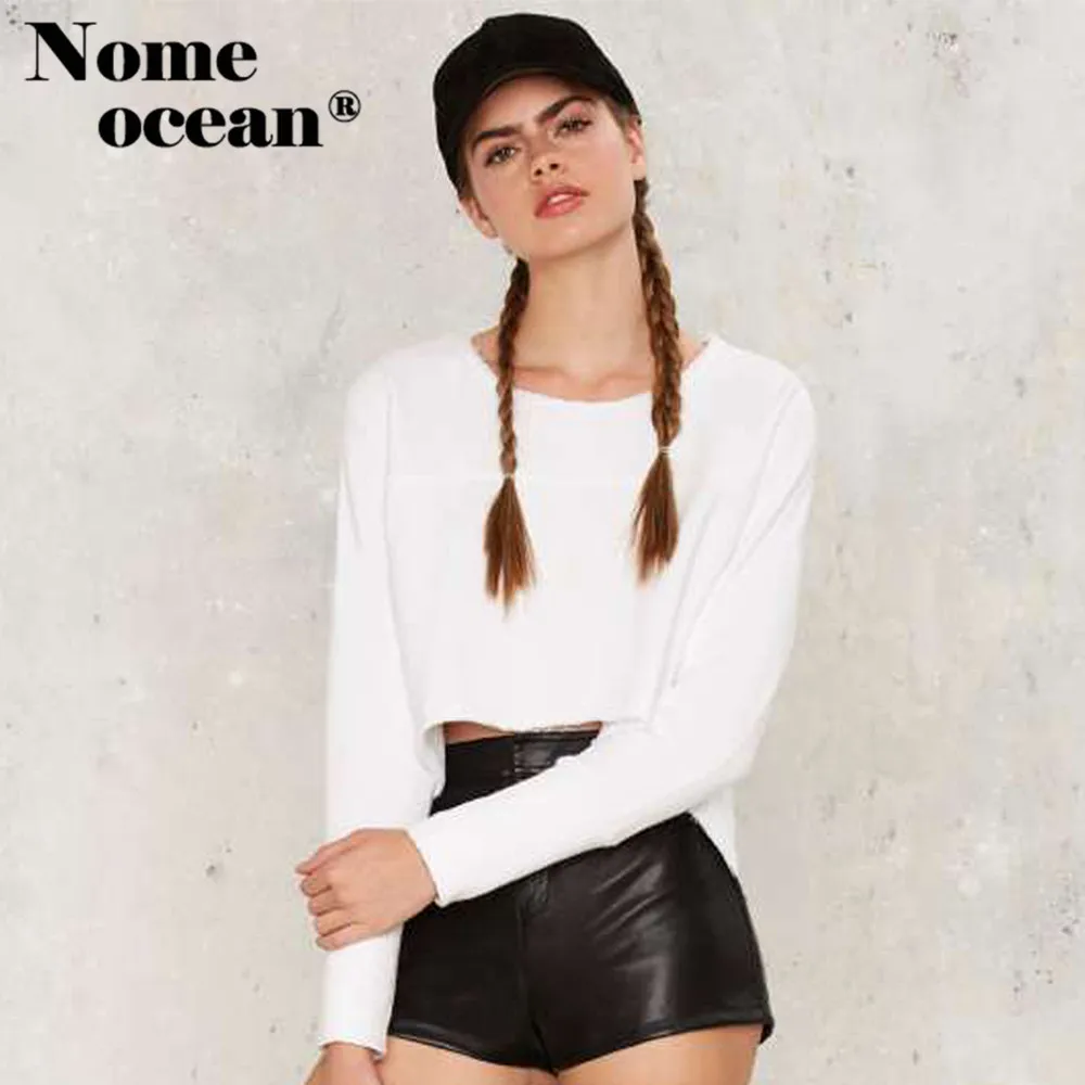 Aliexpress.com Acheter Bas haut Swing Balayage Femmes T shirts 2017 Automne Crop Top Solide Couleur Blanc T shirt Occasionnel Rue À Manches Longues T shirt