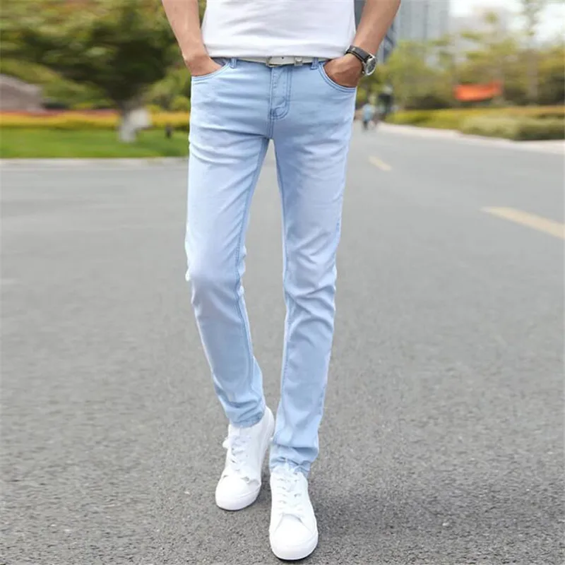 Лидер продаж, мужские джинсы, дешевые джинсы, облегающие мужские джинсы, брюки, стрейч, светильник, синие брюки, высокое качество, Повседневная мода, корова, для мальчиков - Цвет: Light blue