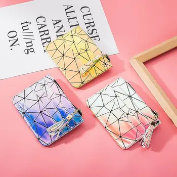 

KANDRA Gold& Pink&Purple Holographic Geometric Women Card Holder Zipper Small Wallets Clutch Slim Business Credit Card Bags