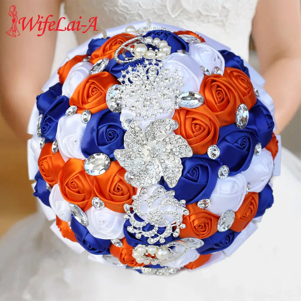 24CM Artificial Pearls Crystal Wedding Flowers Bridal Bridesmaid Bouquets Romantic Silk Ribbon Fake Rose Flower Bouquet W228