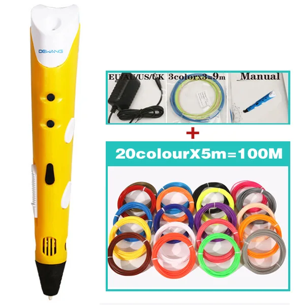Dewang 3D Ручка для печати светодиодный/ЖК-экран 3D Ручка для рисования+ 100 м 1,75 мм расходный материал с ABS/PLA детские игрушки в подарок на день рождения - Цвет: Yello and 100M