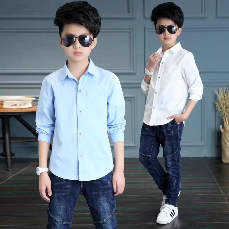 Fashion Autumn Long Sleeve Boys Shirts Cotton Solid White Shirt Children Clothing Teenage Handsome Tops Kids Clothes 5 15Y|Рубашки| |
