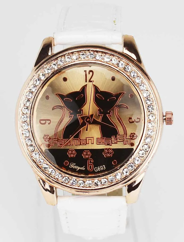 Женские Модные трендовые Кварцевые аналоговые наручные часы с циферблатом с двумя кошачьими мордочками, золотой чехол с кристаллами и кожаным ремешком