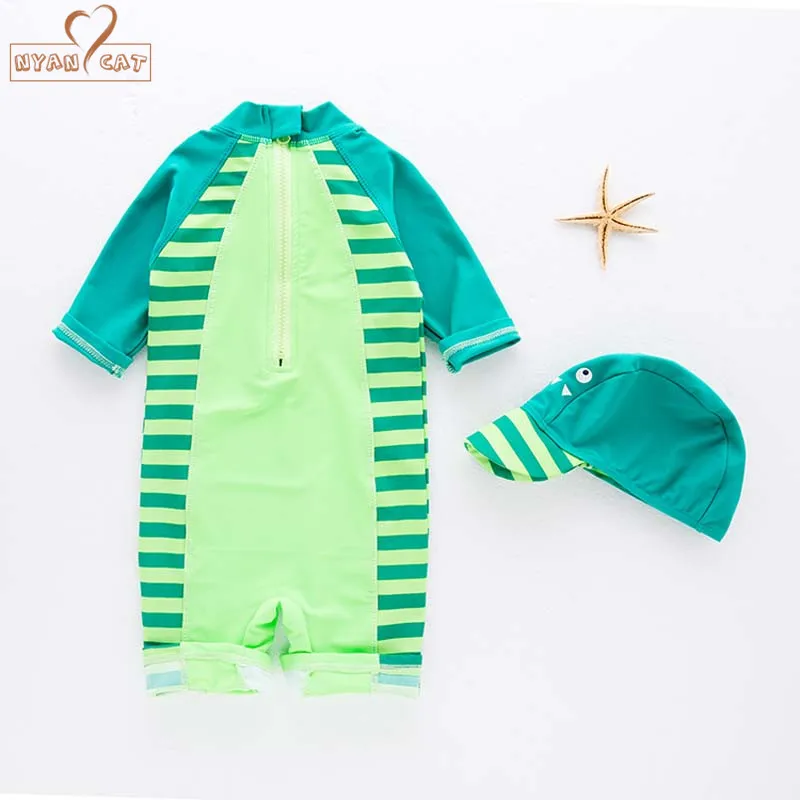 الطفل الصبي ملابس السباحة + قبعة 2 قطعة مجموعة تصفح ارتداء الأخضر ديناصور لباس سباحة الرضع طفل أطفال الأطفال واقية من الشمس الشاطئ الاستحمام