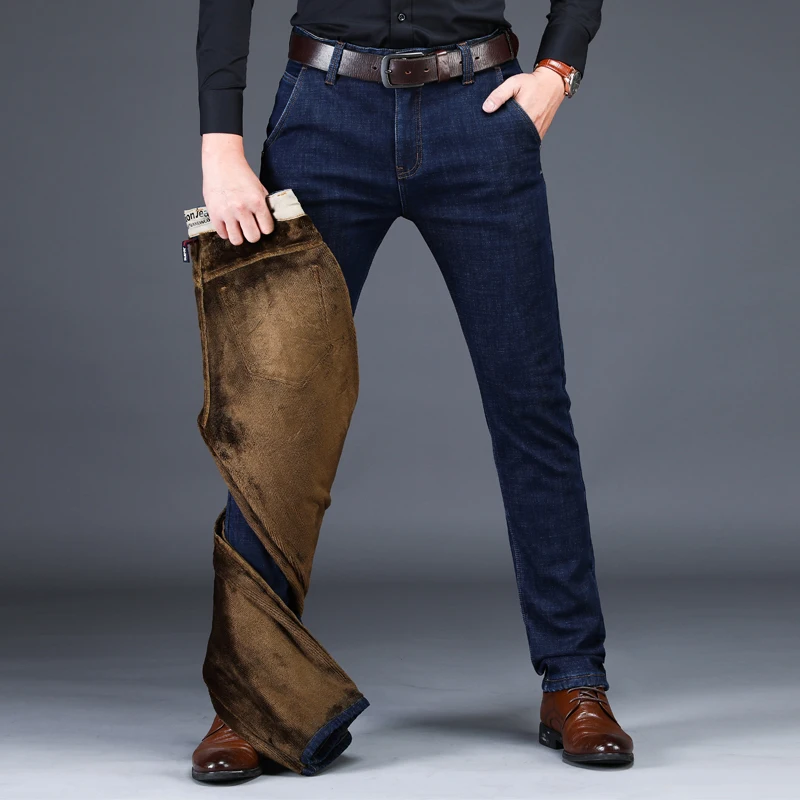 EVES Classic Fleece Business Black Jeans For Men Slim Fit Autumn Winter Spring Trousers Male Casual Thick Warm Denim Homme Pants