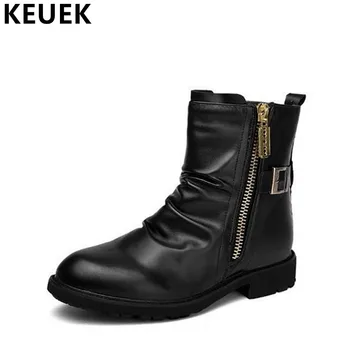 

Spring Autumn Men Motorcycle boots Side zipper Fashion Ankle Boots Male shoes British style Leather boots 061