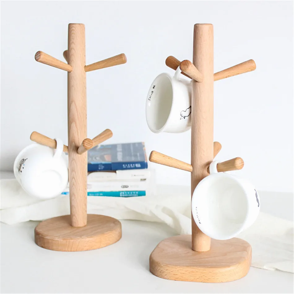 

Elm Detachable Drain Cup Holder Tea Cup Coffee Cup Rack Mug Storage Rack 6 Hooks Wood Cup Holder Rack Kitchen Organizer