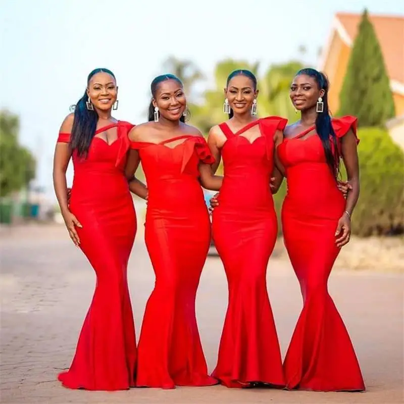 

Plus Size Mermaid Bridesmaid Dresses 2019 Sleeveless Red Ruffles Satin African Dubai Custom Made vestido longo