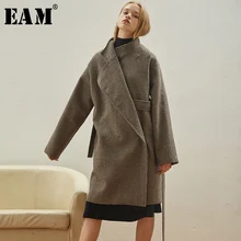 [EAM] Новое весеннее шерстяное пальто с отворотом и длинным рукавом кофейного цвета в клетку с принтом большого размера с поясом женские парки модный тренд JK597