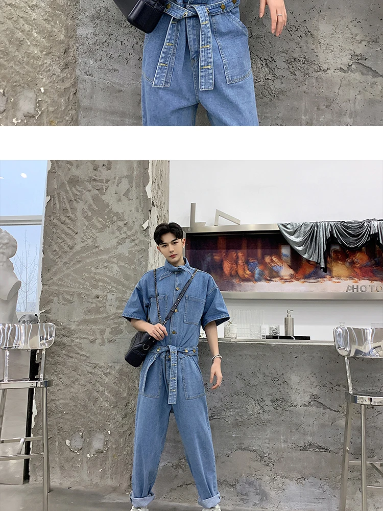 Autumn British style Fashion Wide leg Rompers Long jeans for men casual loose Flared Rompers jeans men Stage,M-XXL