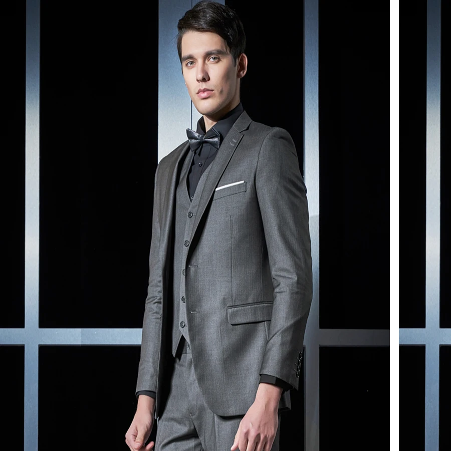 Grey Formal Classic Business Suits Slim Fit Suits for Men Notched Lapel Single Breasted Two Buttons Weeding Suits 3Pcs Suits
