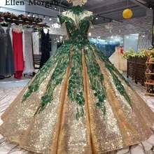 Пышные свадебные платья из ткани с золотыми блестками с темно-зеленым кружевом с открытыми плечами длиной до пола, свадебные платья принцессы на заказ
