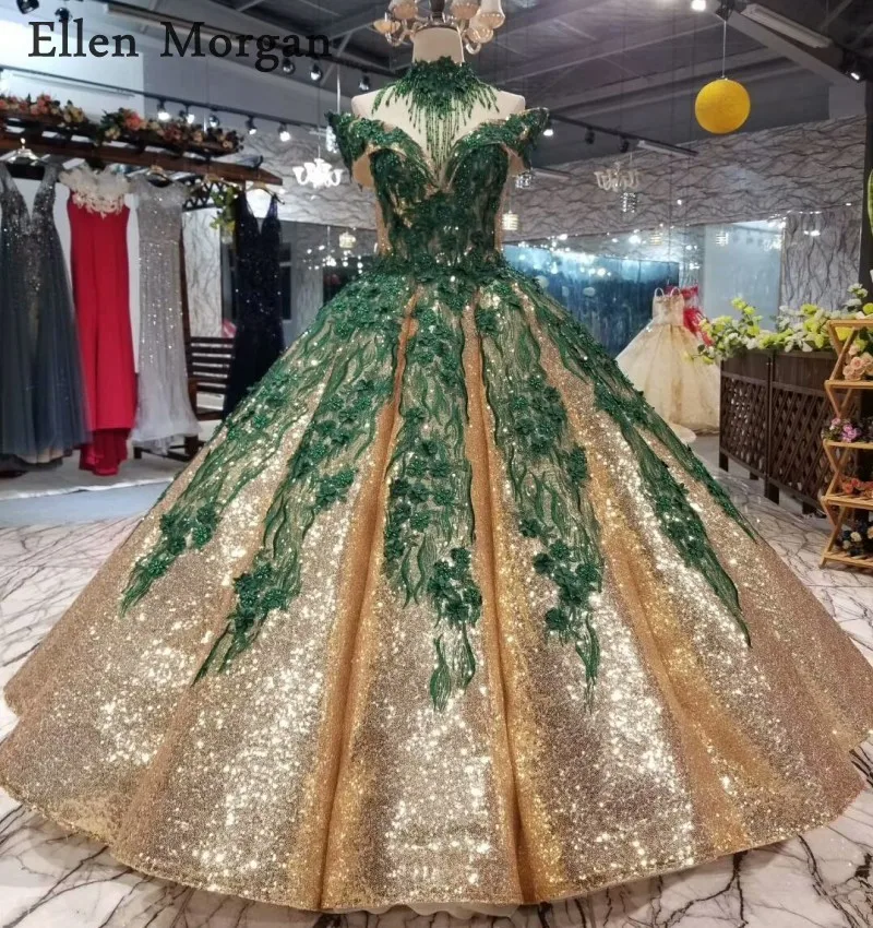 Платье с блестками золотое темно зеленое кружевное длиной до пола на заказ
