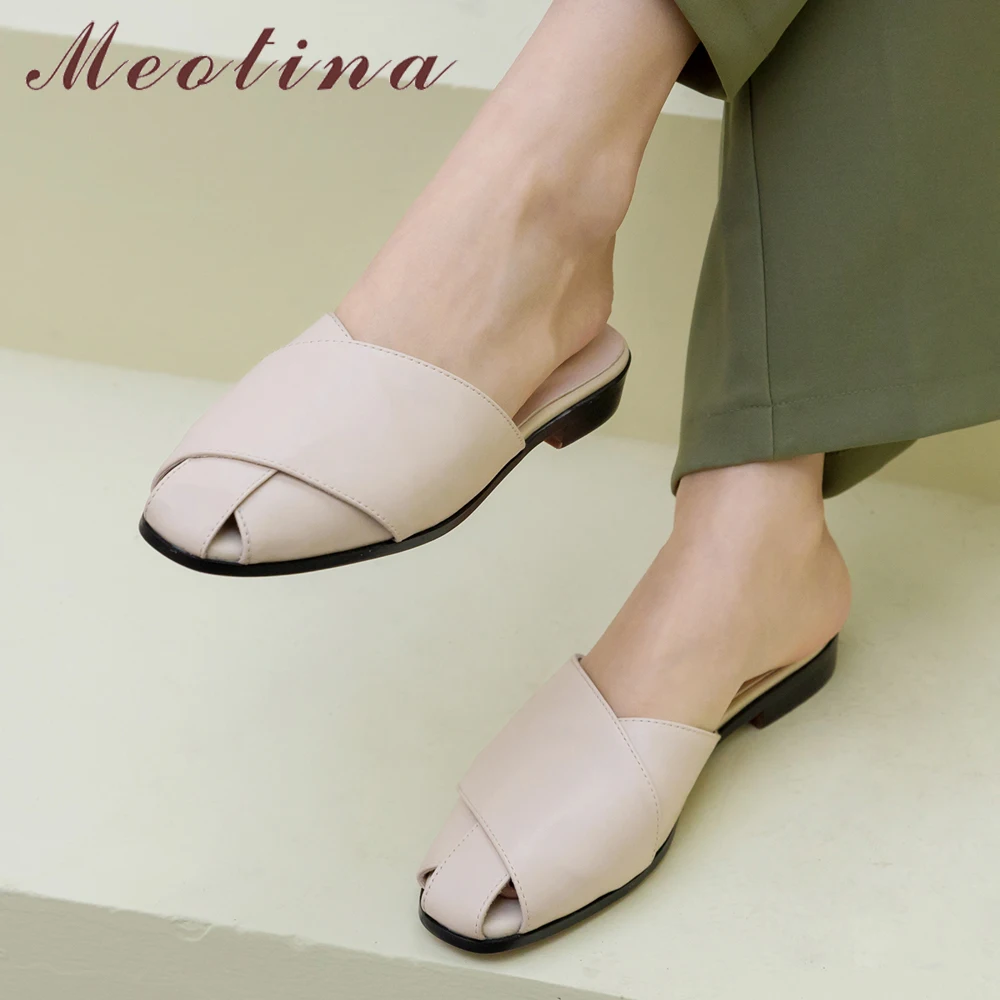 

Meotina Summer Slippers Women Shoes Natural Genuine Leather Flat Mules Shoes Cow Leather Casual Slides Ladies Sandals Size 34-40