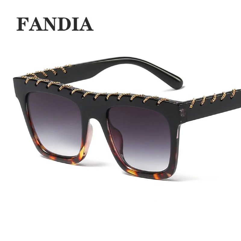 Punk Square Sunglasses Women Perforated Metal Chain Vintage Gothic Sun Glasses Oculos Feminino Lentes De Sol Mujer Mirror UV400