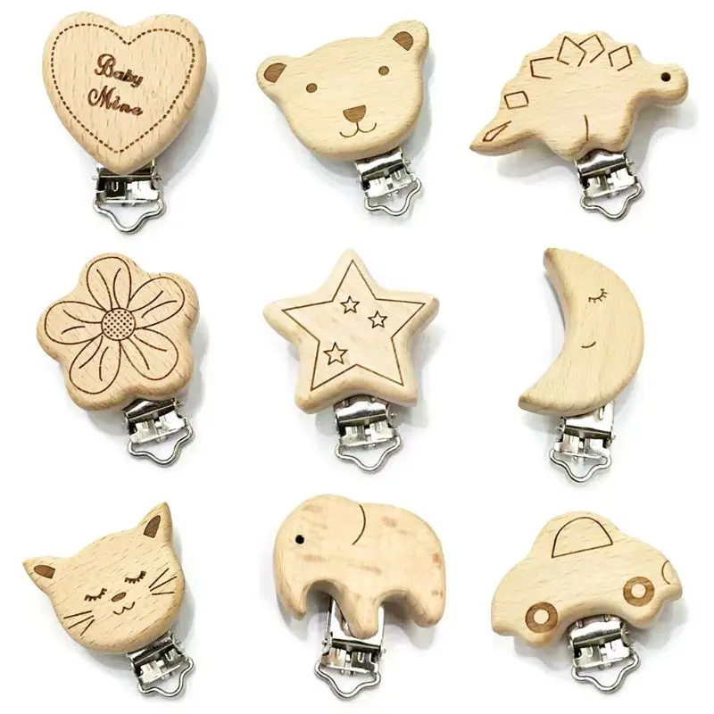 

Pacifier Clip Natural Wood Clips Nipple Saliva Towel Holder Soother Animal Cartoon Dummy DIY Bandana Clamp