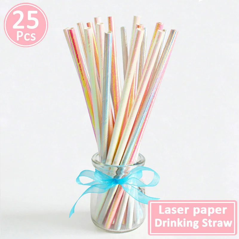 25pcs Paper Drinking Straws Graduation Party Decoration Just Married Babyshower Boy Girl 21st 30th 40th 50th 60th Birthday - Цвет: silver pink laser