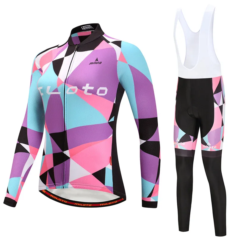 

MILOTO 2018 Pro Team Womens Cycling Clothing Long Sleeve Jersey Quick-dry Mountain Bike Clothes Bib Pants Bicycle Sportswear