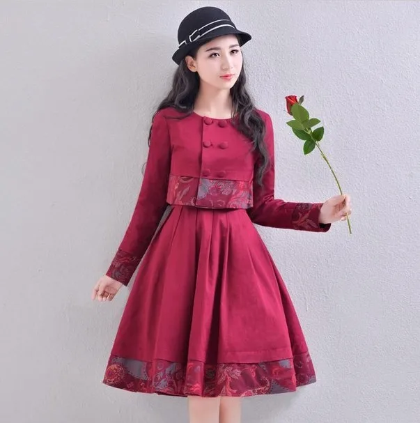 2016 New Fashion Vintage National Wind Red font b Women s b font Sets Long Sleeve