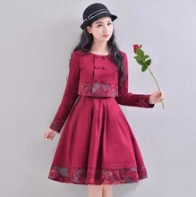 2016 New Fashion Vintage National Wind Red Women’s Sets Long Sleeve Double Breasted Coat + Sleeveless Vest Dress Dress Suits