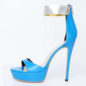 

Plus Size 43 Sexy Women Heel Sandals Blue Peep Toe Platform Sandals High Heels Metal Decoration Ladies Gladiator Sandal Shoes