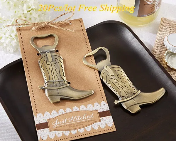 

(20 Pieces/lot) Lace wedding of "Just Hitched" Cowboy Boot Bottle Opener Wedding Gift For Bridal shower Favors and Party gift