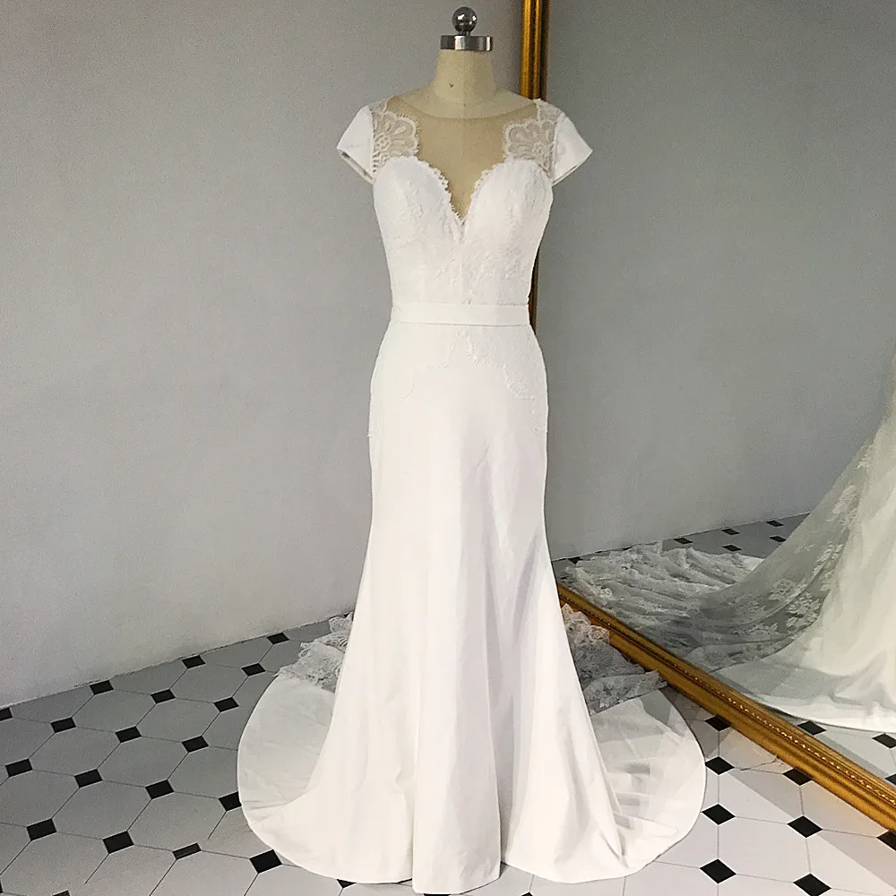 RSW1430 Cap Sleeves Illusion Train And Neckline Sheath