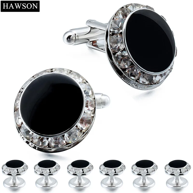 

HAWSON Classic Black Enamel Crystal Cuff Links Studs Tuxedo Shirt Jewelry Polished Mens Wedding Gift Cufflinks High Quality