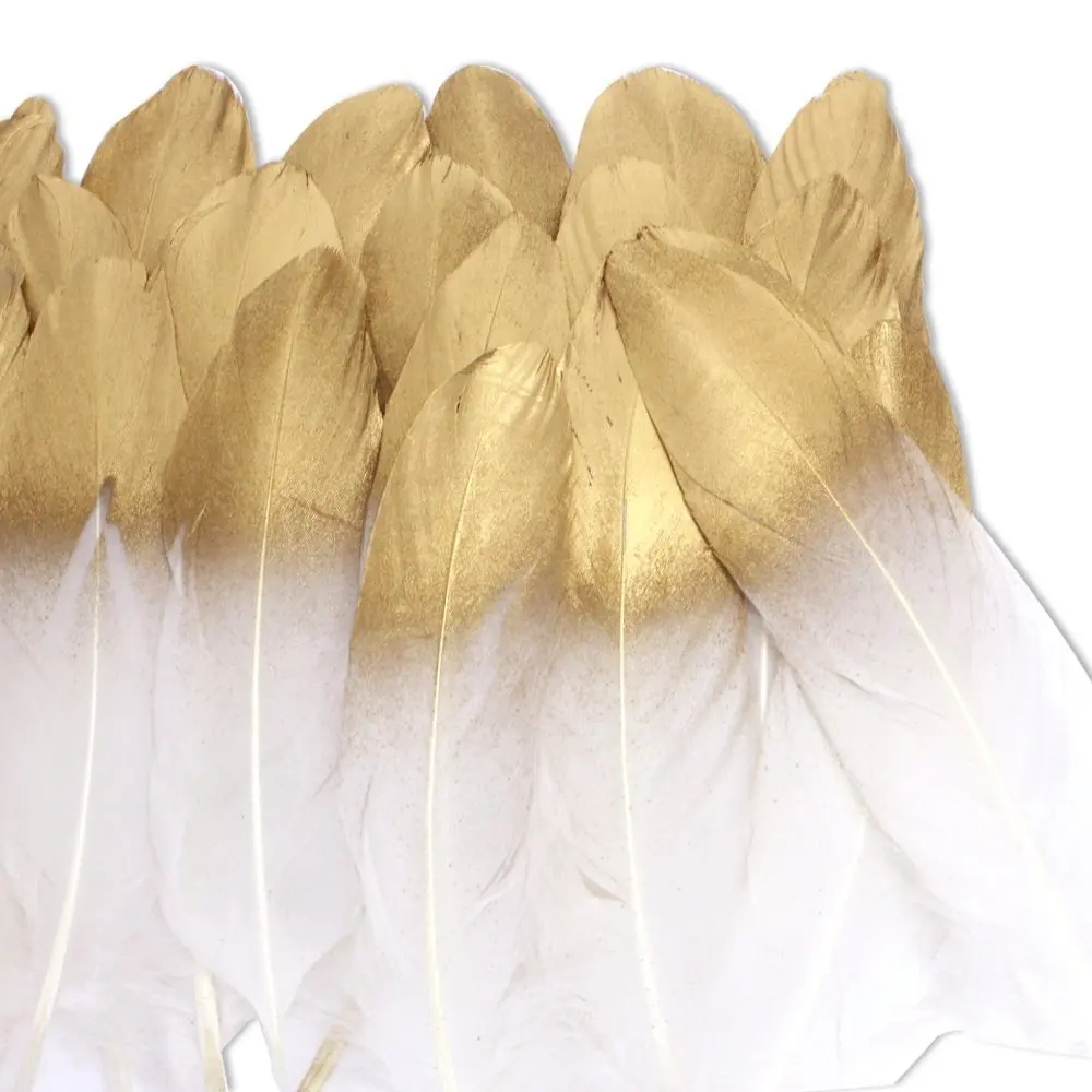 Новые 36 шт натуральные белые перья для различных ремесел, дней рождения, свадебных и вечерних платьев(золотой окунутый