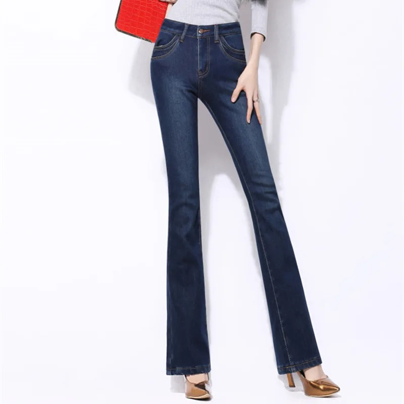 Женские джинсы больших размеров, Осень-зима, плюс вельветовые утолщенные расклешенные джинсы с высокой талией, эластичные облегающие теплые джинсовые брюки для женщин 34
