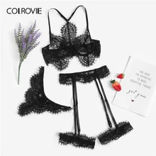 COLROVIE, черный кружевной комплект нижнего белья с подвязками и цветочным принтом, женское нижнее белье, Прозрачное нижнее белье, комплект с бюстгальтером