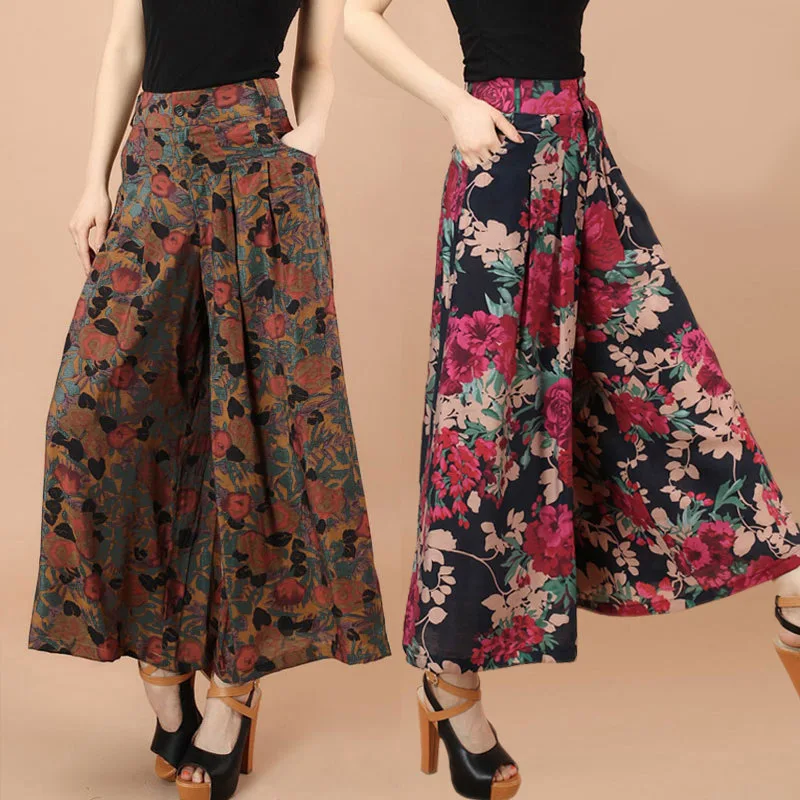 Plus Size Women Floral Pants 2015 Summer Casual High Waist Wide Leg Trousers Fashion Loose Pantalones Capris | Женская одежда