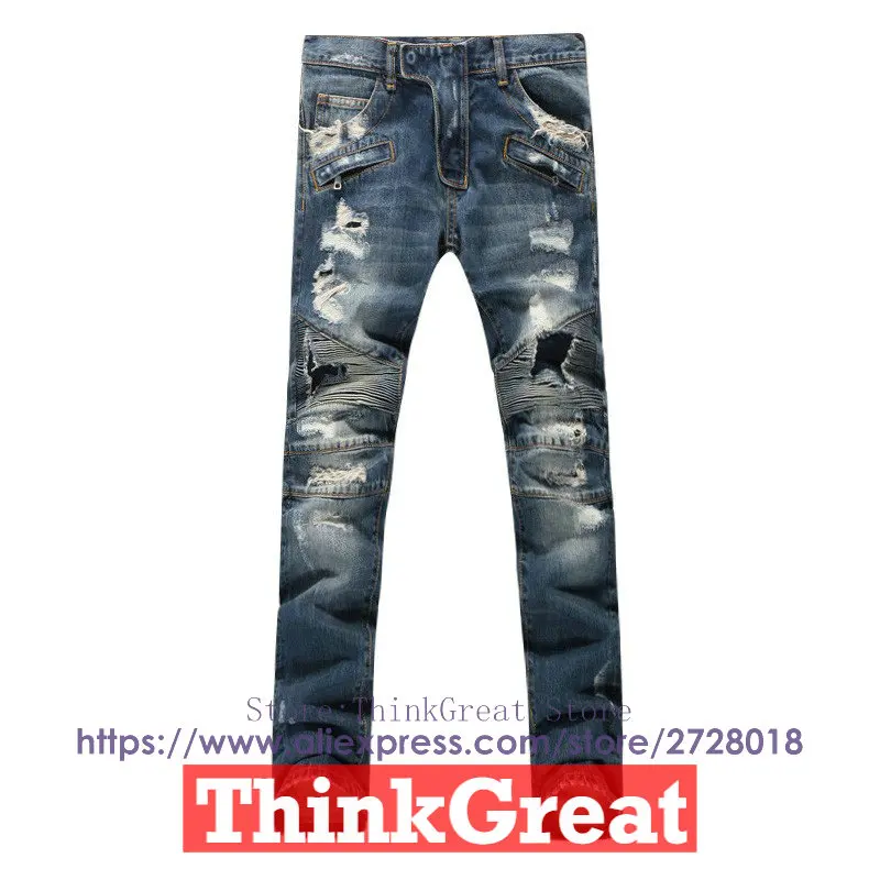 

2016 New Balm Men Blue Washed Retro Ripped Jeans Holes Pacth fray Knee Level Folds homme Brand Clothing Free