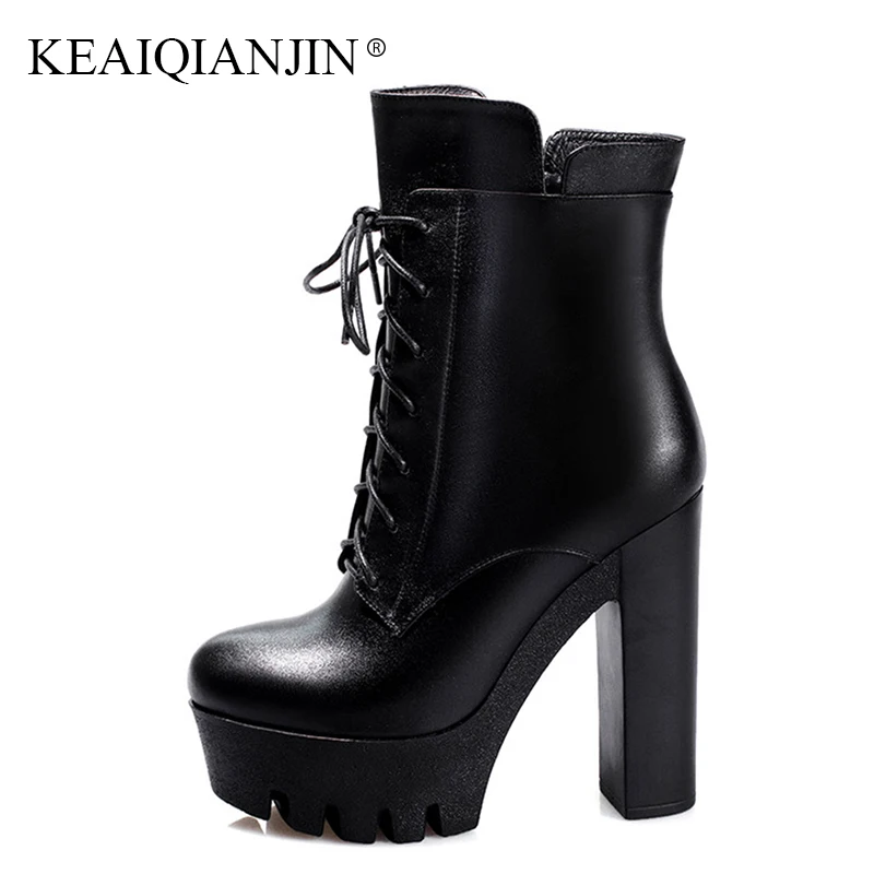 

KEAIQIANJIN Winter Lace Up Martin Boots Woman Black Ankle Boots Plus Size 33 Genuine Leather 13.5 CM High Heeled Chelsea Boots