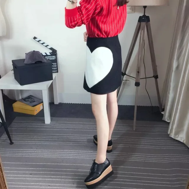 autumn winter new love heart print woolen women red black asymmetrical wrap skirt with leather buttons