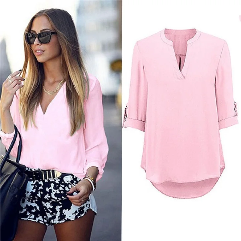 

Fashion Women Ladies Summer Loose Top 3/4 Length Sleeve Blouse Casual V-neck Tops Shirt Blusas Femininas