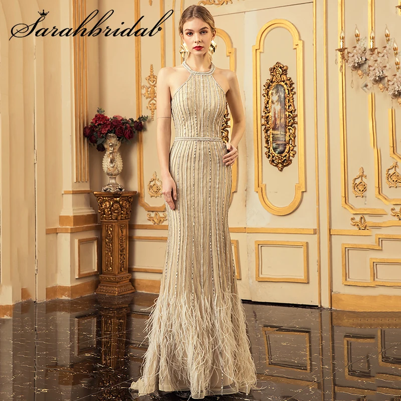 

Fancy Woman Evening Party Ceremony Dresses Long Formal Dress 2019 Feather Beading Halter Ever Pretty Prom Gown CC5415