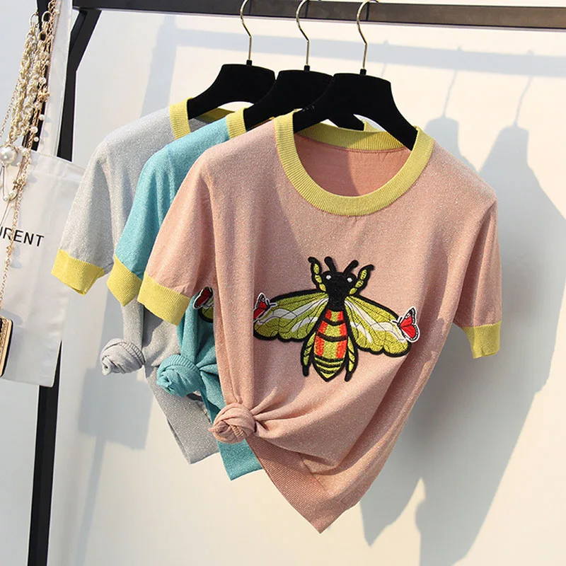 Брендовые новые летние футболки с сияющим люрексом и вышивкой пчелы, женские дизайнерские вязаные топы, 3 цвета, красивый топ для всех, SY1990