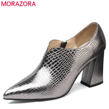 

MORAZORA 2020 new arrival women pumps square high heels shoes woman pointed toe zipper genuine leather fashion party shoes