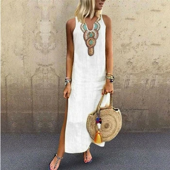 

Vrouwen Elegant Lace Jurken Dames Nieuwe Hollow Out Party Dress Zomer Casual V-hals Mouwloze Maxi Jurk Bohemen Jurken Zonnejurk