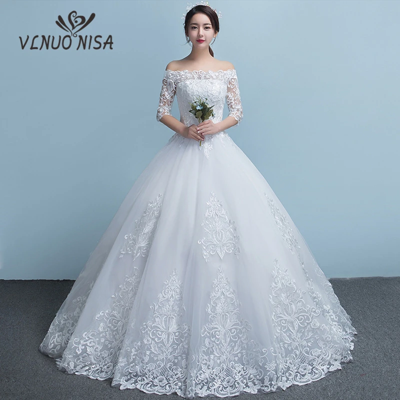 

Wedding Dress 2018 New Arrival Flowers Appliques Pattern Lace Boat Neck Princess Wedding Gowns Half Sleeves Vestidos De Novia